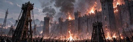 Torres de cerco diante de muralhas em chamas